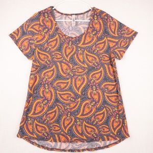LulaRoe Shirt Women's Large Short Sleeve Scoop Neck Floral Blue Orange Classic T